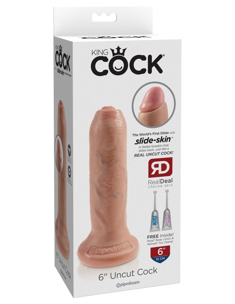 Телесный необрезанный фаллоимитатор на присоске 6" Uncut Cock - 16,5 см. 2