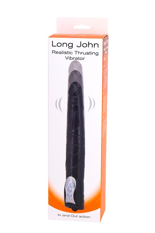 Чёрный вибромассажер Long John Realistic Thrusting Vibrator с функцией толкания - 20 см. 2