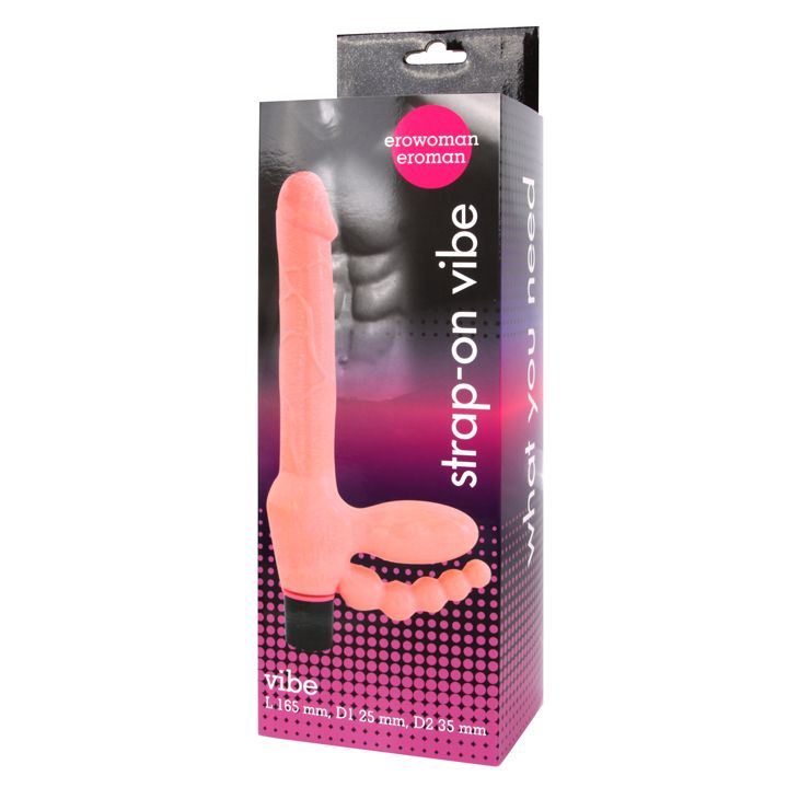 Телесный безремневой страпон с анальным отростком 3