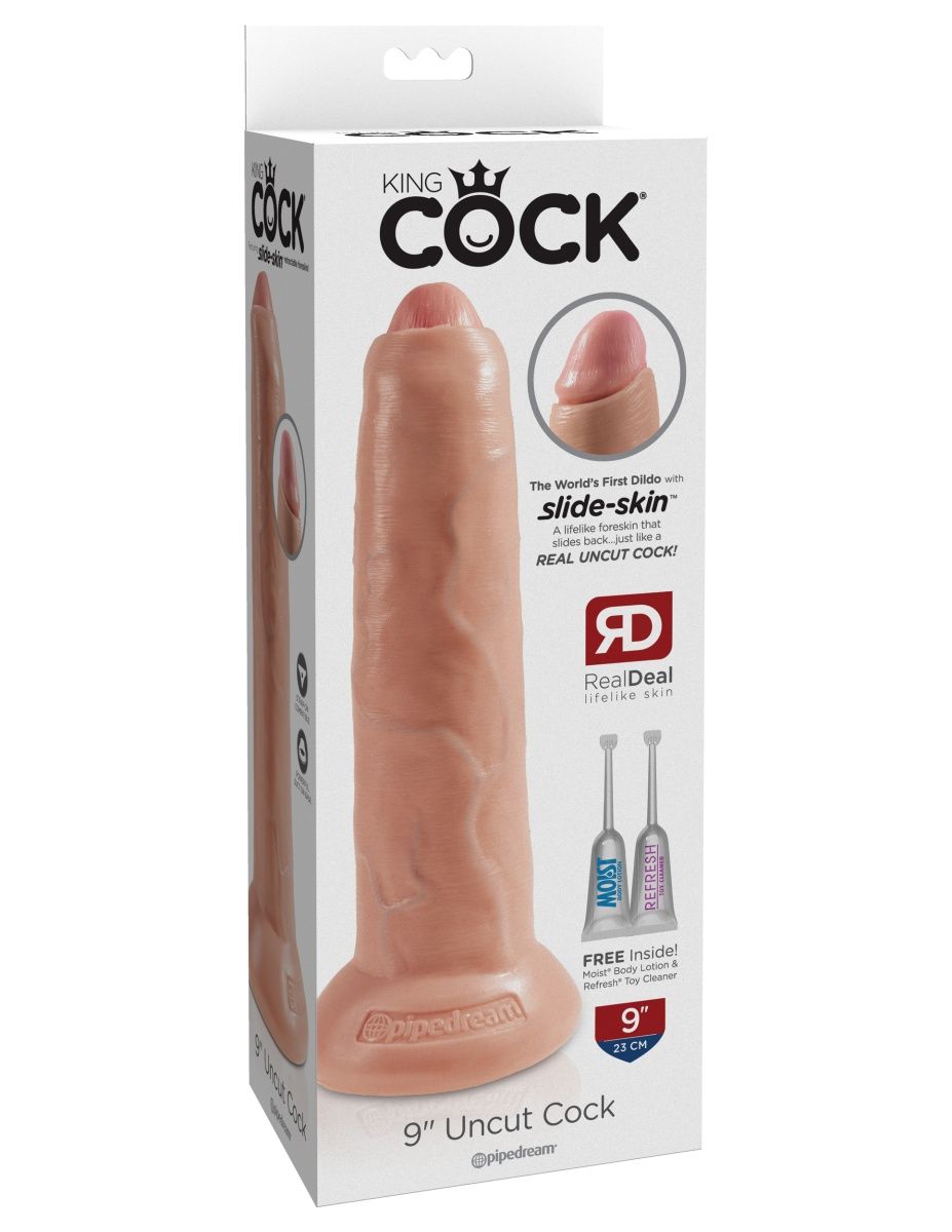 Телесный необрезанный фаллоимитатор на присоске 9" Uncut Cock - 25,4 см. 2