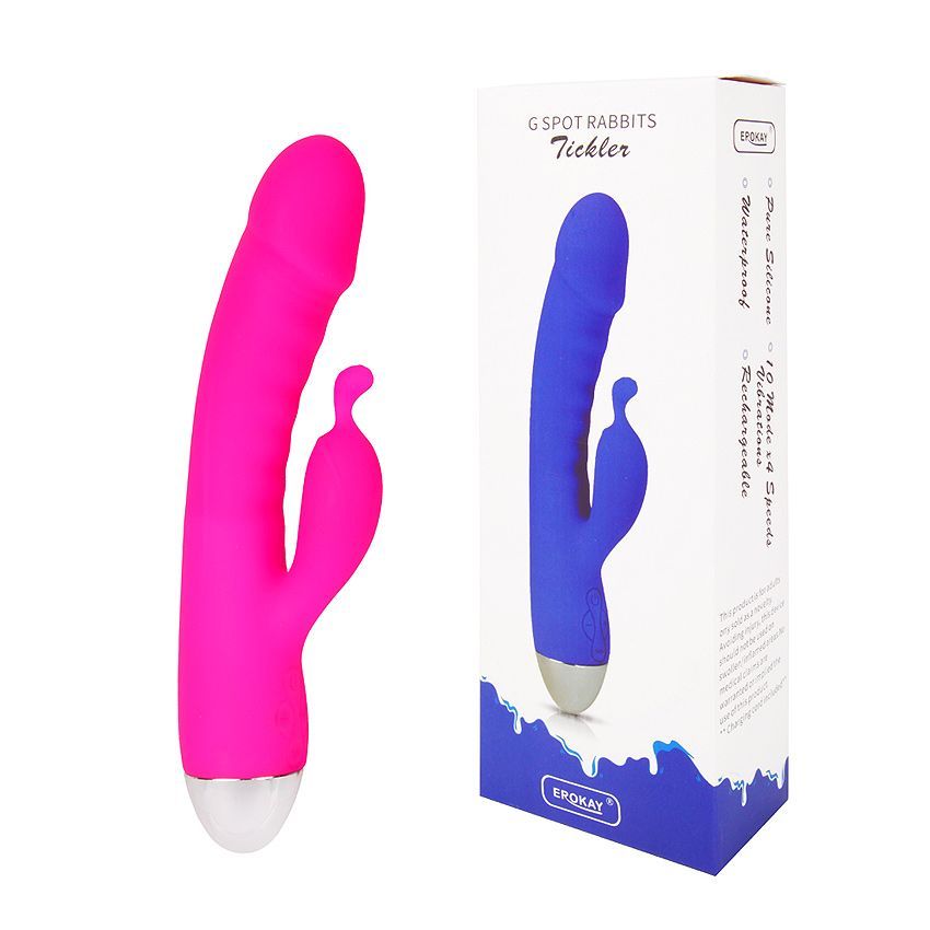 Розовый вибромассажер с отростком для стимуляции клитора - 22 см. 2