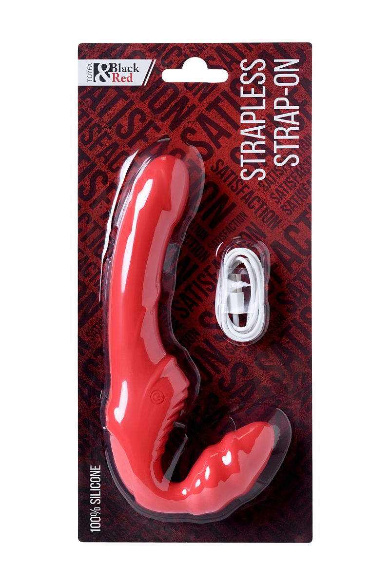Красный безремневой страпон с вибрацией 8