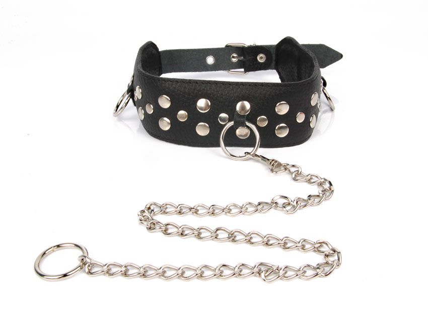 Черный ошейник с заклепками с металлическим поводком-цепочкой 1