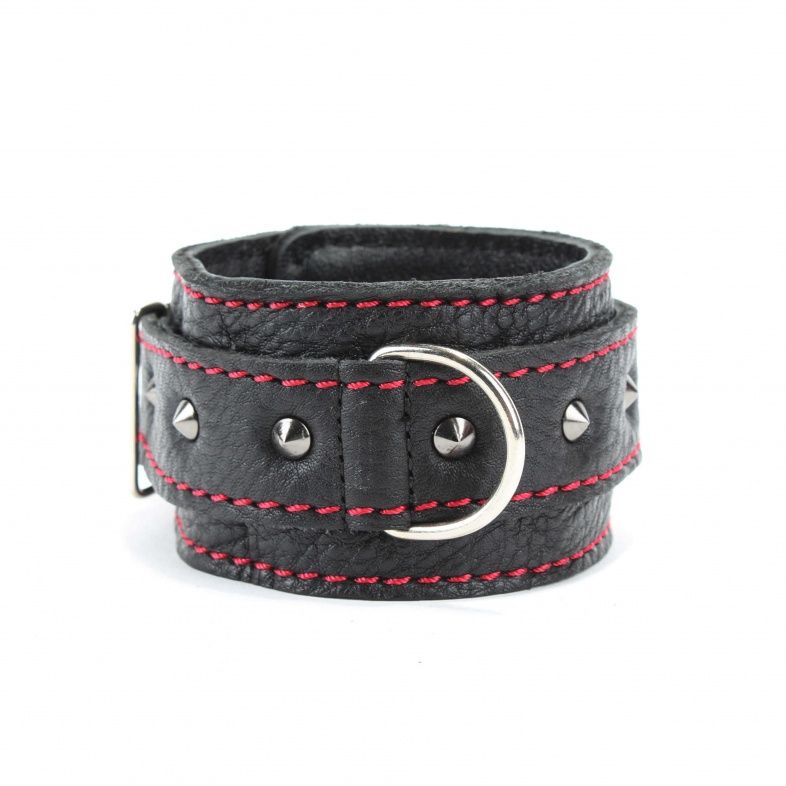 Черные наручники из натуральной кожи с контрастной строчкой 4