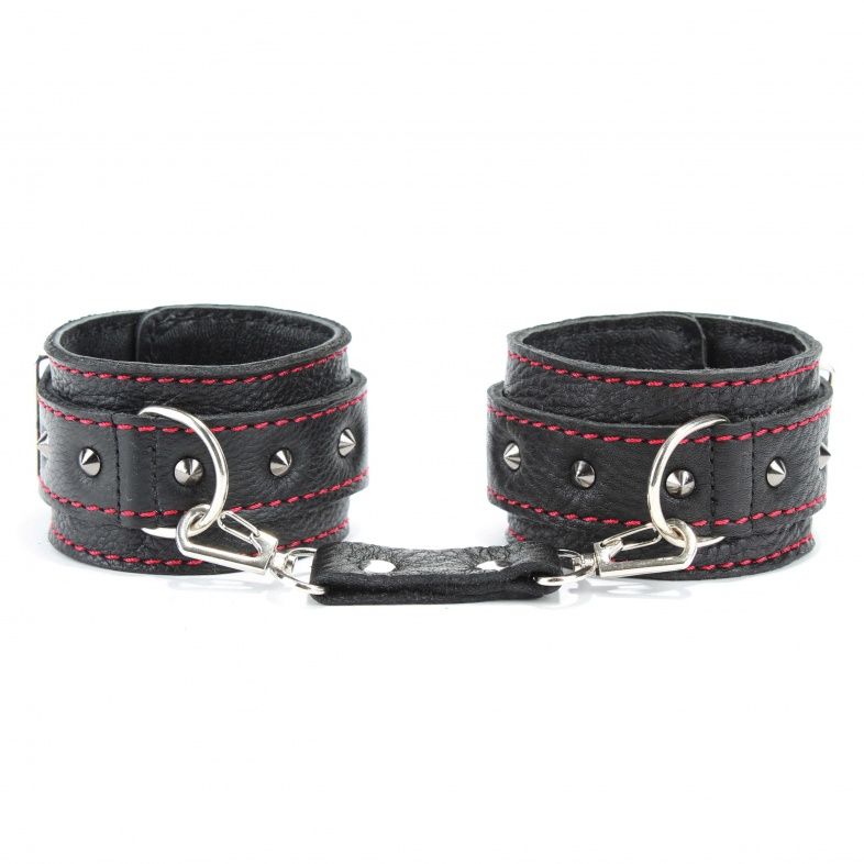 Черные наручники из натуральной кожи с контрастной строчкой 6