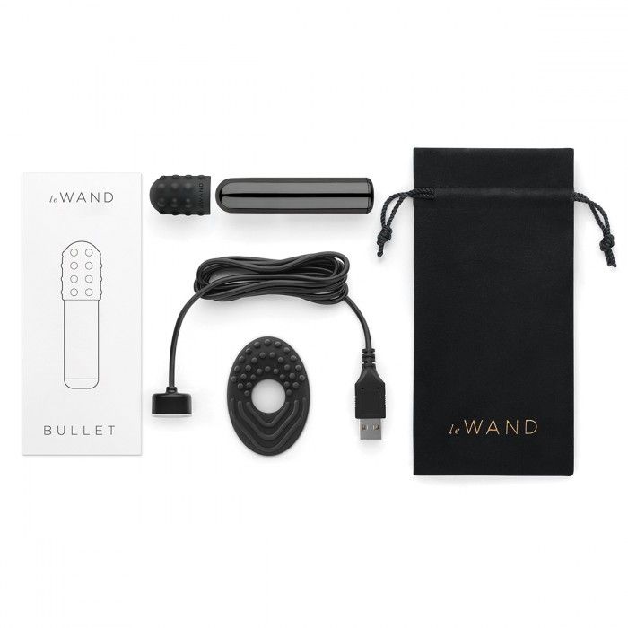 Черная вибропулька Le Wand Bullet с 2 нежными насадками 4