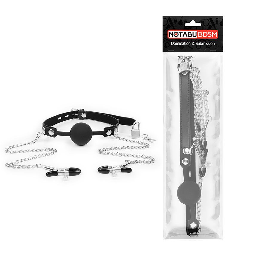 Черный кляп-шарик с зажимами на соски на металлической цепочке 2