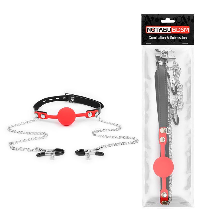 Красный кляп-шарик с зажимами на соски на металлической цепочке 2