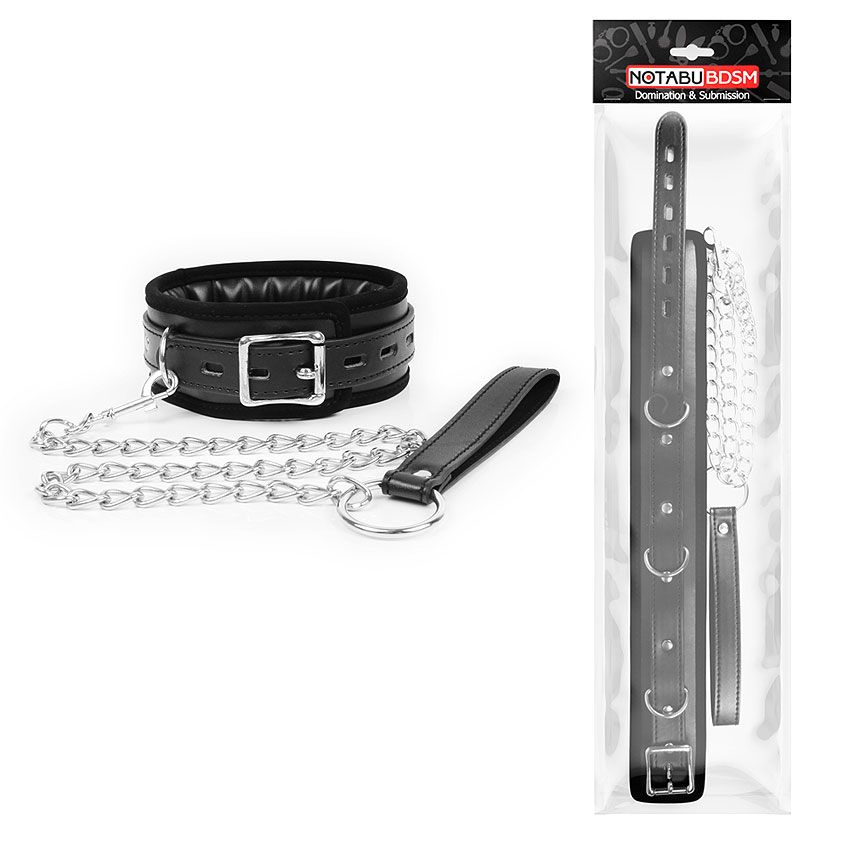 Черный ошейник на металлическом поводке с ручкой-петлей 2