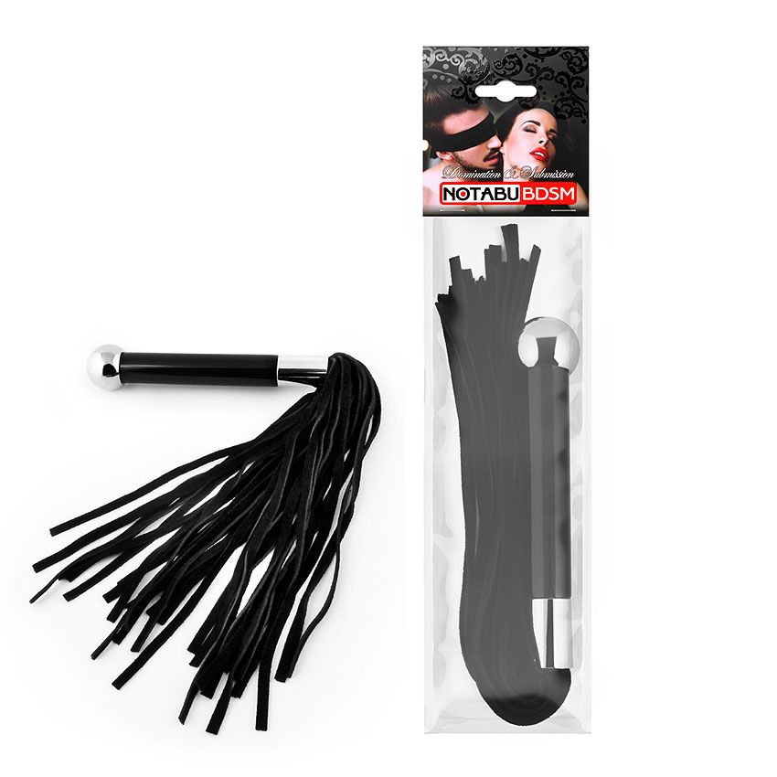 Черная многохвостая плетка с круглой ручкой с шариком на конце - 39 см. 2