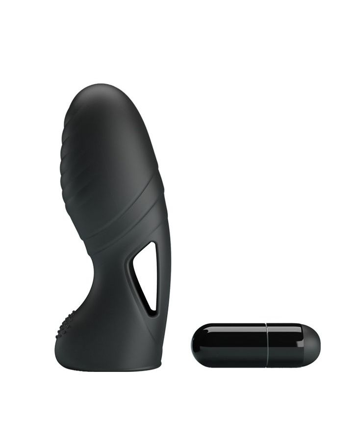 Черная вибронасадка на палец с ребрышками Alan 1