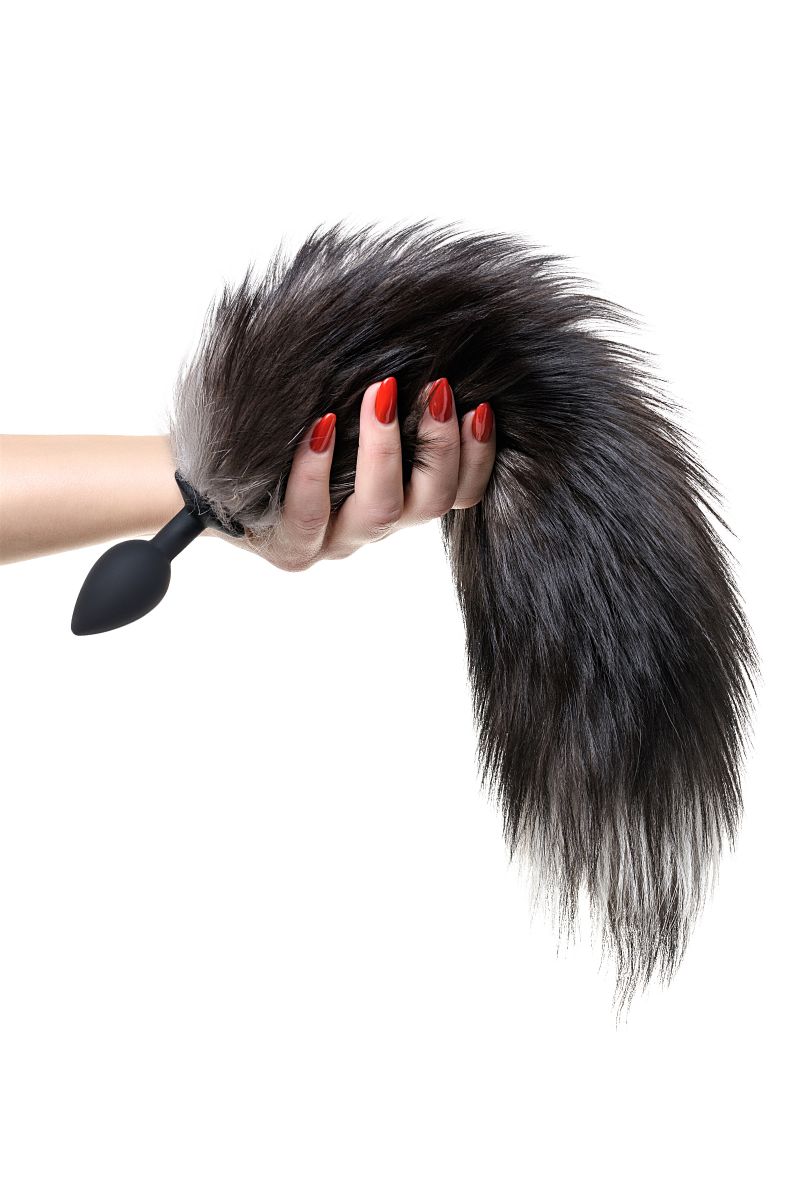 Черная силиконовая анальная втулка с хвостом чернобурой лисы - размер S 5