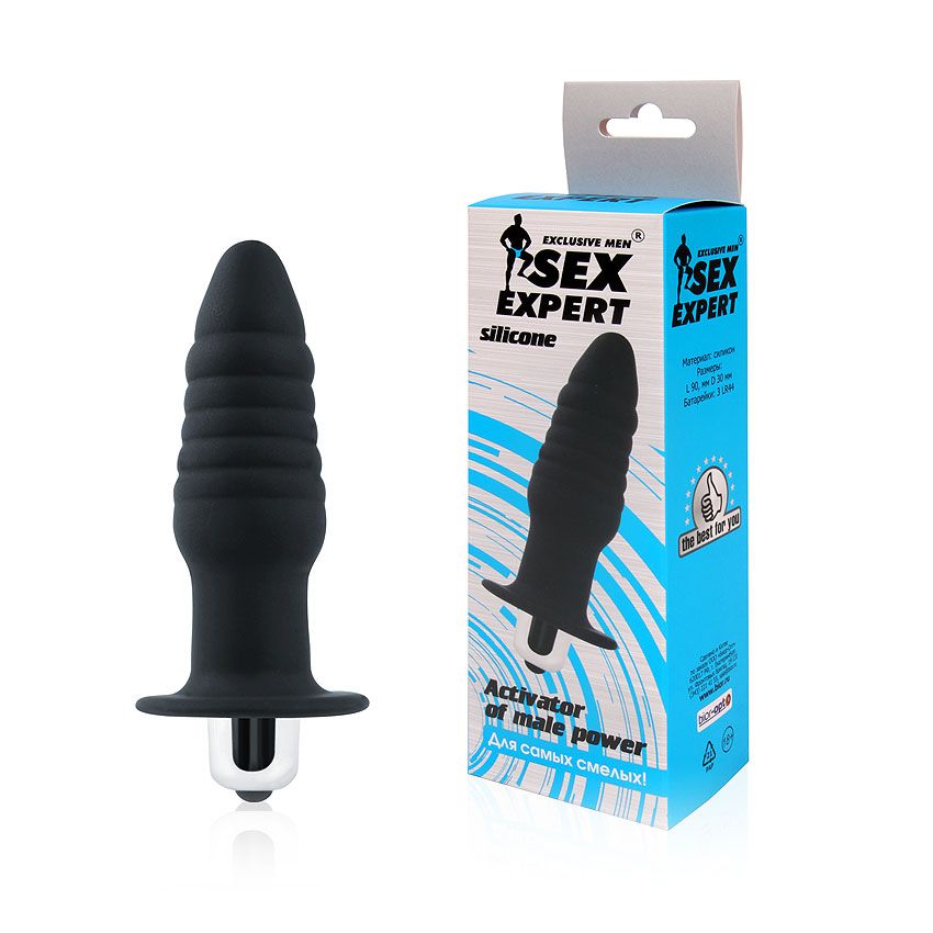 Черная ребристая вибровтулка с ограничителем - 9 см. 2