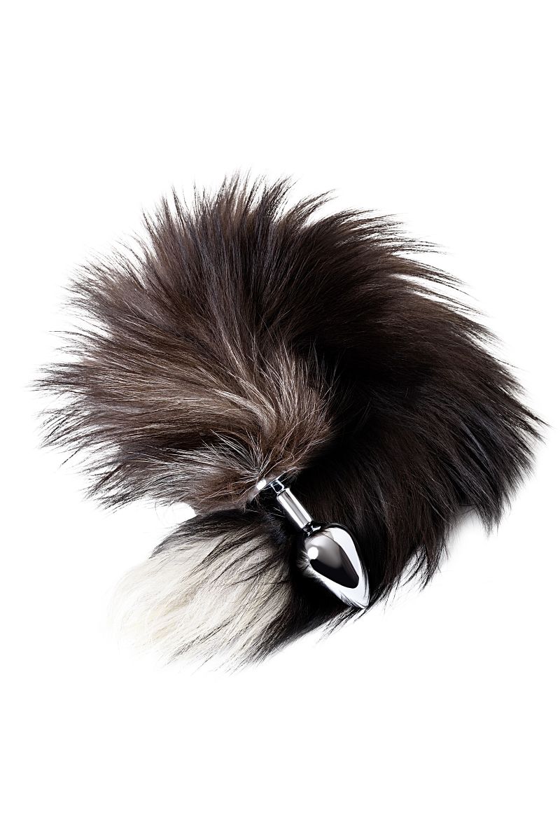 Серебристая металлическая анальная втулка с хвостом чернобурой лисы - размер S 4