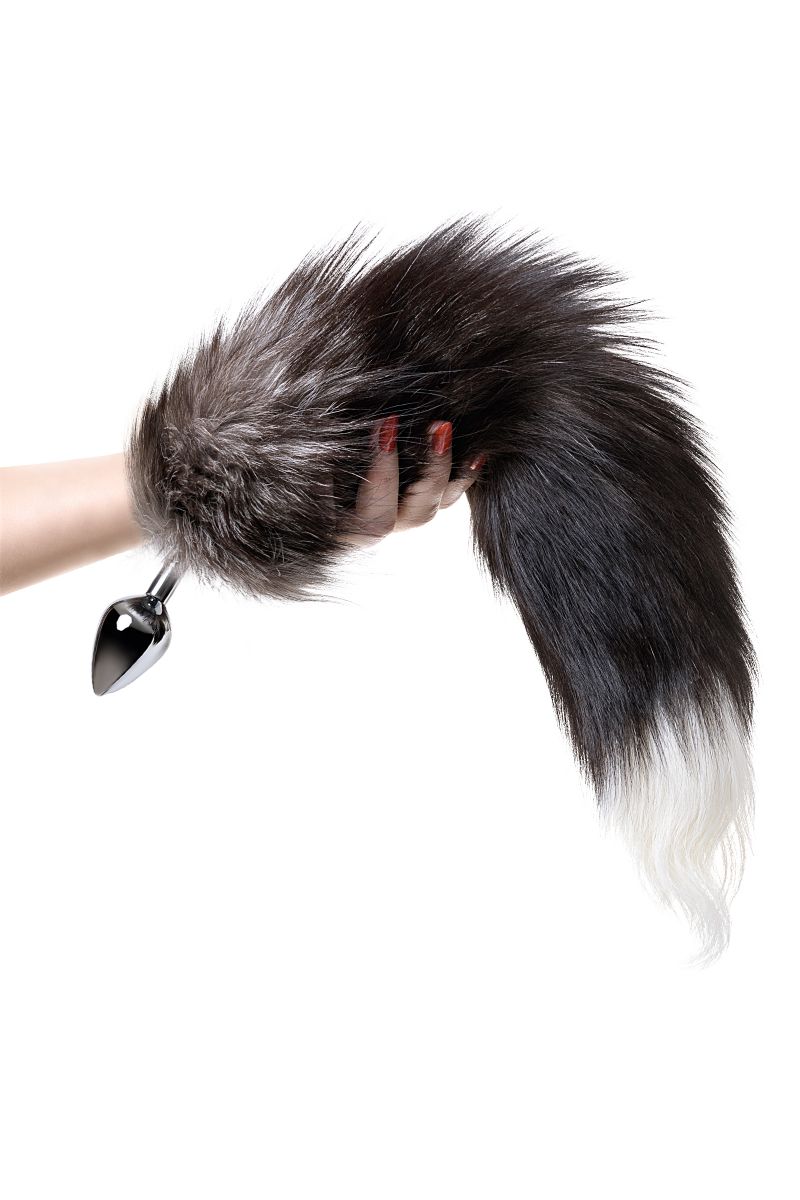 Серебристая металлическая анальная втулка с хвостом чернобурой лисы - размер S 5