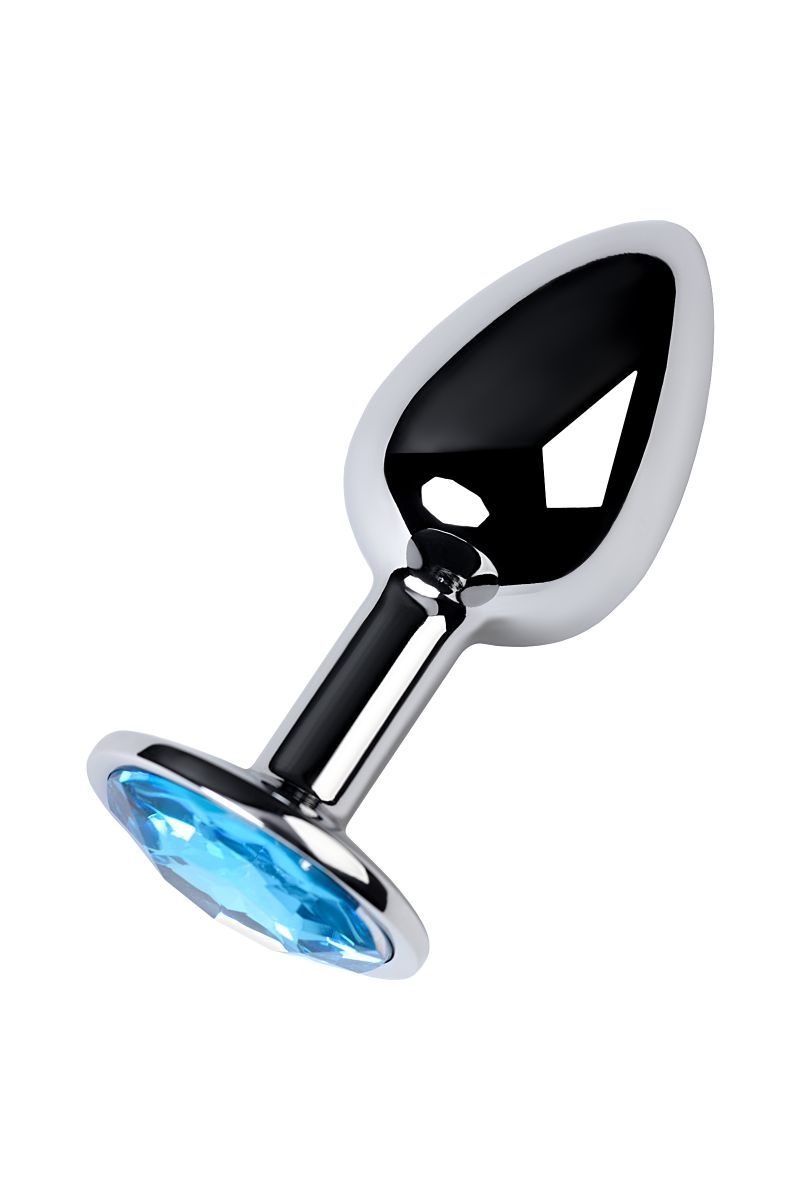 Серебристая конусовидная анальная пробка с голубым кристаллом - 7 см.  2