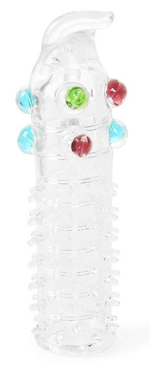 Закрытая прозрачная насадка на пенис с выпуклостями и отростком - 12 см. 1