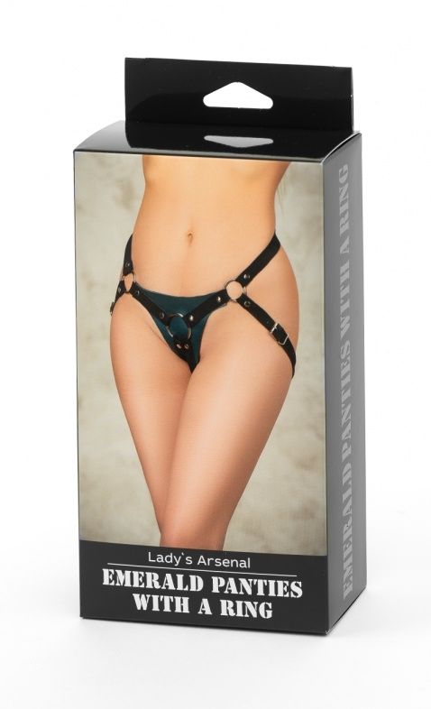 Изумрудные трусики с кольцом под насадки и замшевыми ремешками Emerald Panties With A Ring 3