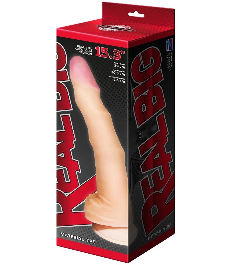 Телесный рельефный фаллоимитатор-супергигант с мошонкой на присоске - 39 см. 2