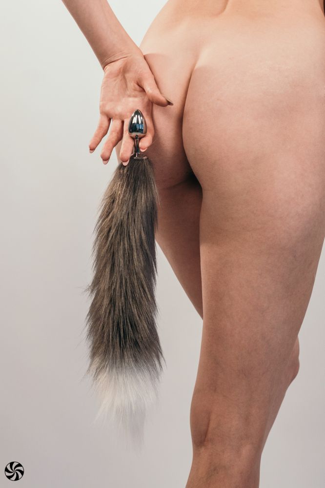 Серебристая анальная пробка с черным хвостом Galaxy 3