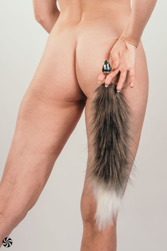 Серебристая анальная пробка с черным хвостом Galaxy 5