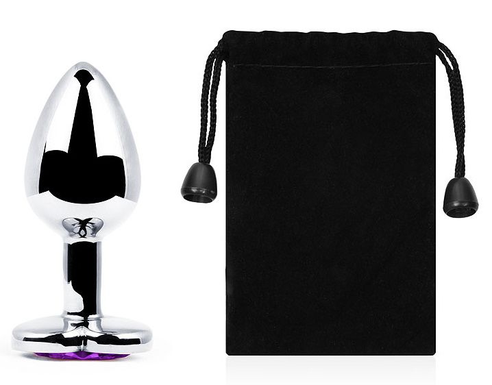 Серебристая анальная пробка с фиолетовым кристаллом-сердечком - 8 см. 2