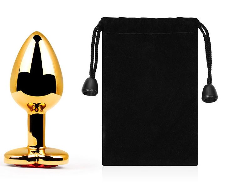 Золотистая анальная пробка с красным стразом-сердечком - 8 см. 2