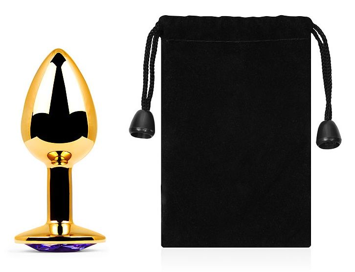 Золотистая анальная пробка с фиолетовым стразом - 7,2 см. 2