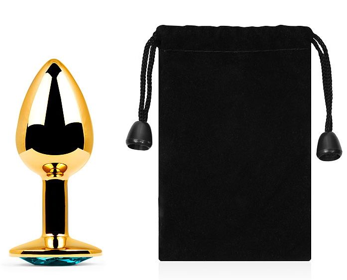 Золотистая анальная пробка с голубым стразом - 7,2 см. 2