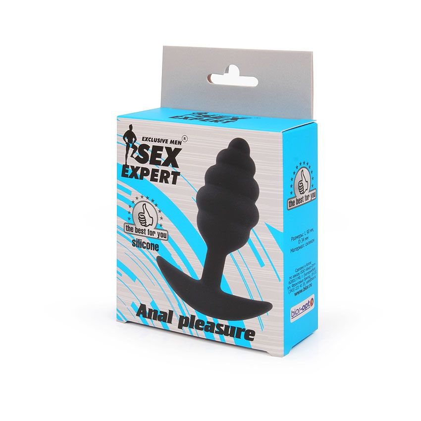 Черная ребристая анальная втулка с ограничителем - 9 см. 2