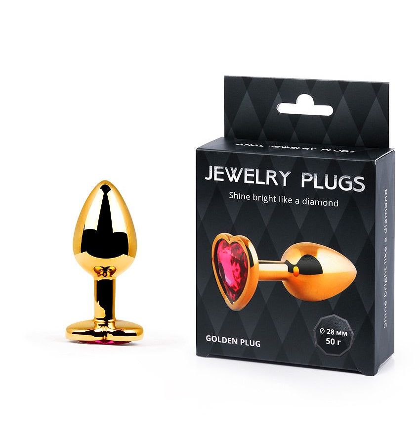 Золотистая анальная пробка с малиновым кристаллом-сердечком - 7 см. 2