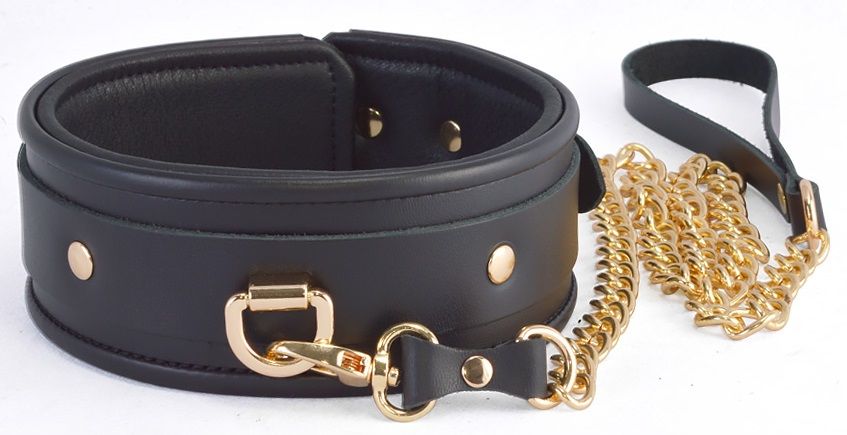 Черный ошейник с золотистым поводком 1