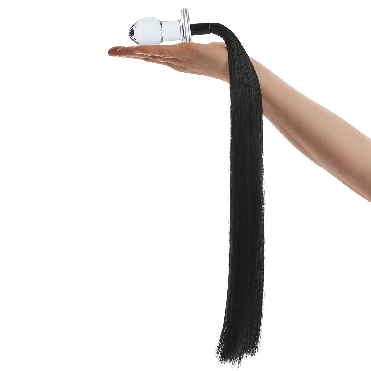 Стеклянная анальная пробка с черным конским хвостом 3