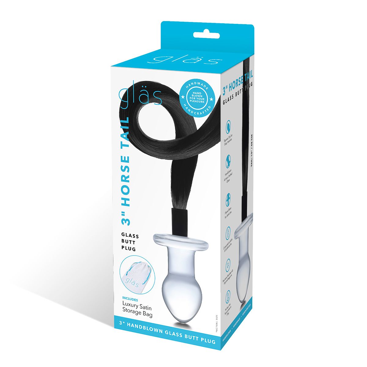 Стеклянная анальная пробка с черным конским хвостом 5