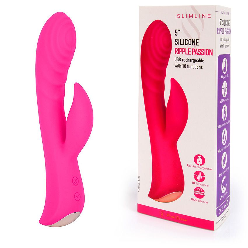 Ярко-розовый вибромассажер-кролик 5" Silicone Ripple Passion - 19,1 см. 2