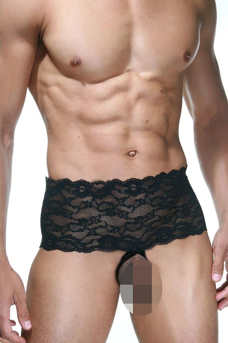 Мужские трусы с открытой интимной зоной и широким кружевным поясом 1