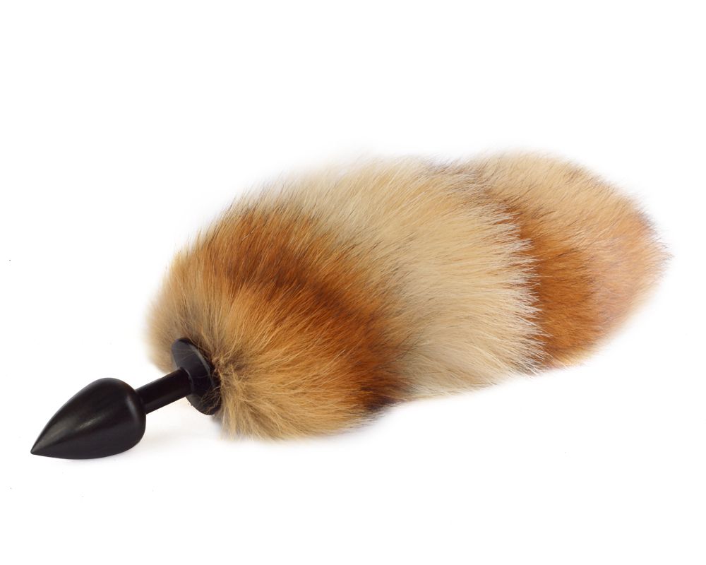Черная анальная пробка с рыжим лисьим хвостом 1