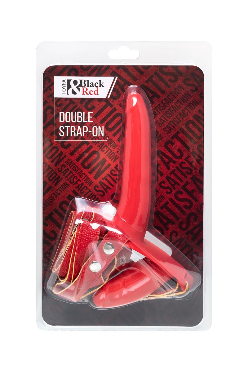 Красный страпон на ремнях с вагинальной пробкой - 15 см. 5