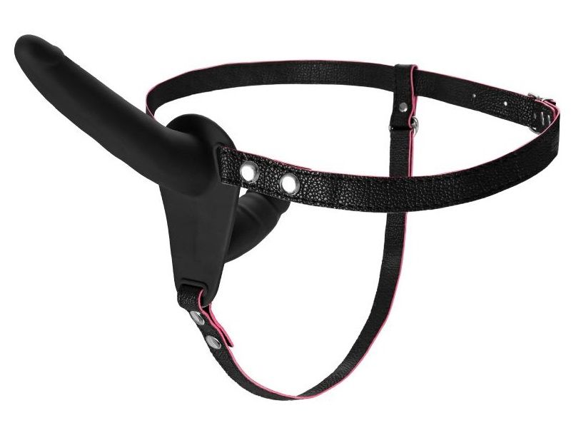 Черный страпон на ремнях с вагинальной пробкой - 15 см. 1