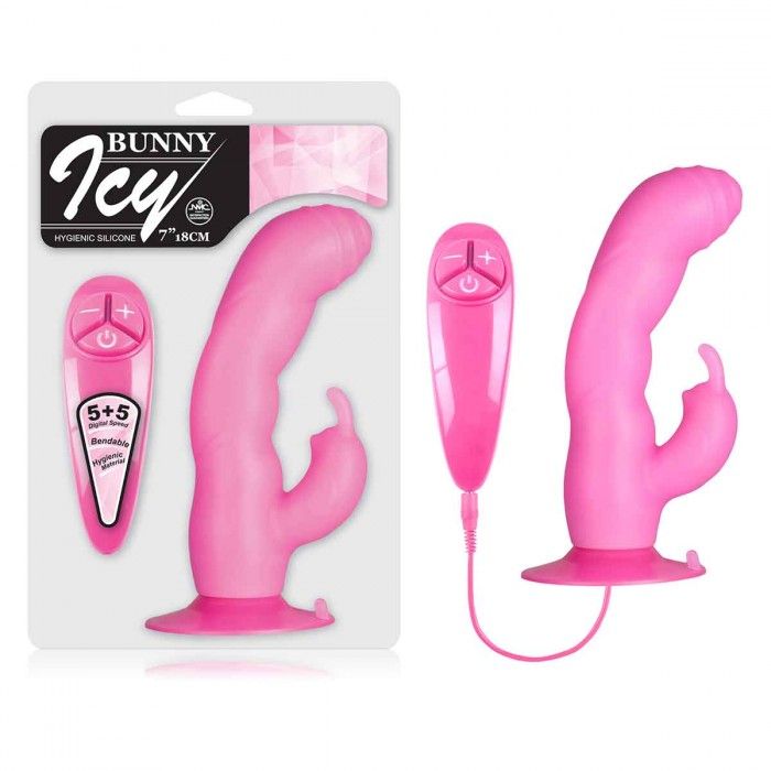 Розовый вибратор с клиторальным стимулятором BUNNY ICY - 18 см. 2