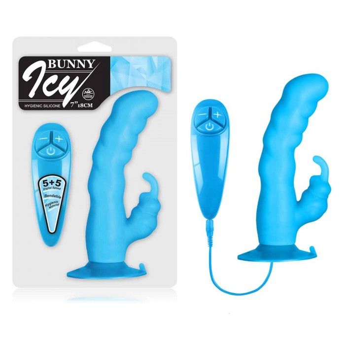 Голубой вибратор с клиторальным стимулятором BUNNY ICY - 18 см. 2