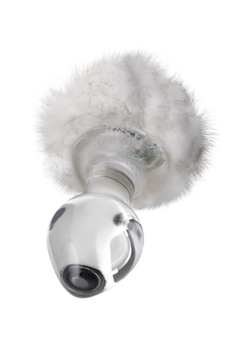 Стеклянная анальная втулка с белым хвостиком - 14 см. 2