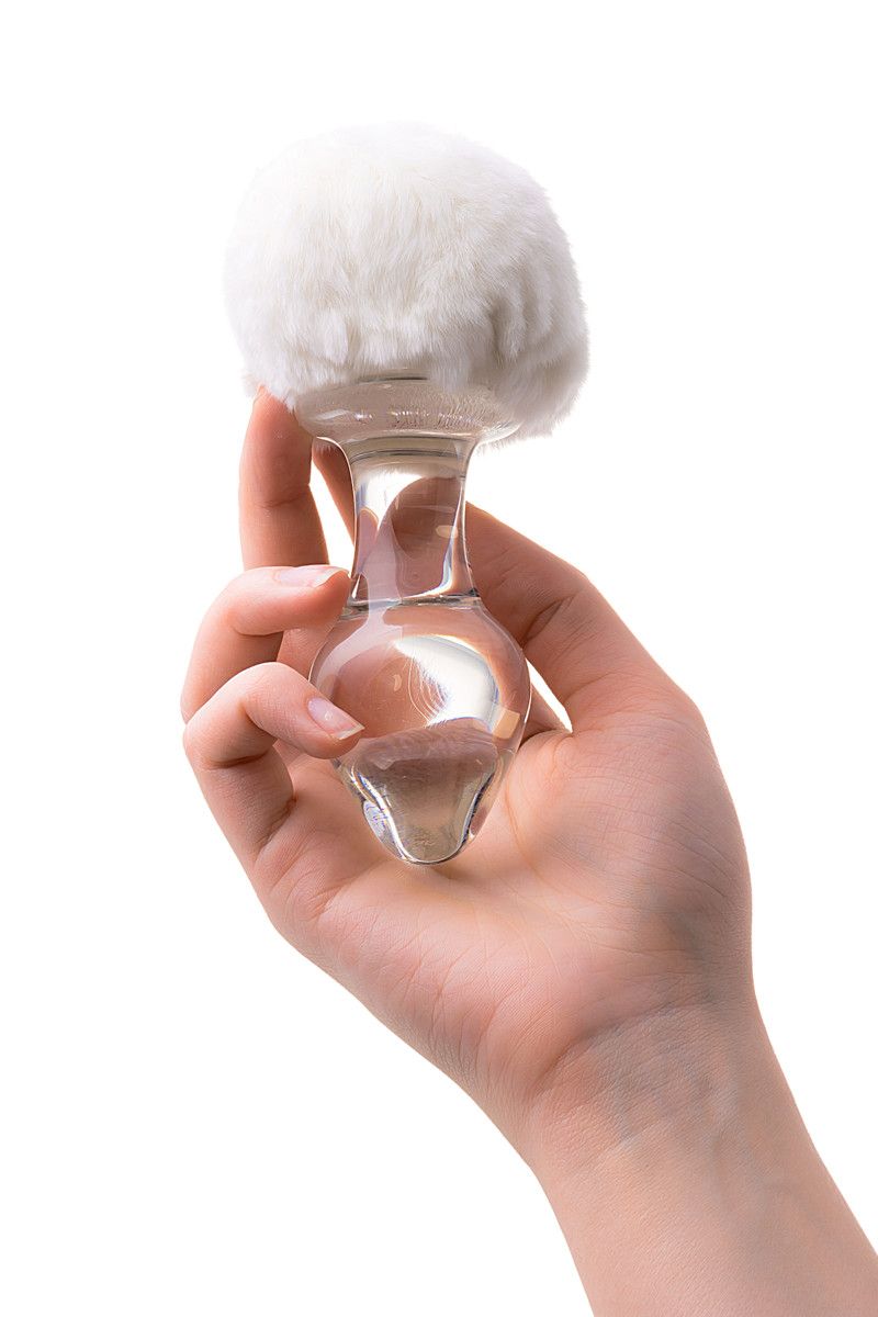 Стеклянная анальная втулка с белым хвостиком - 14 см. 4