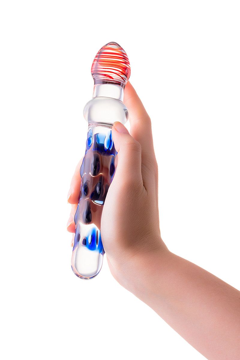 Стеклянный двусторонний фаллоимитатор с шишечками - 20 см. 3