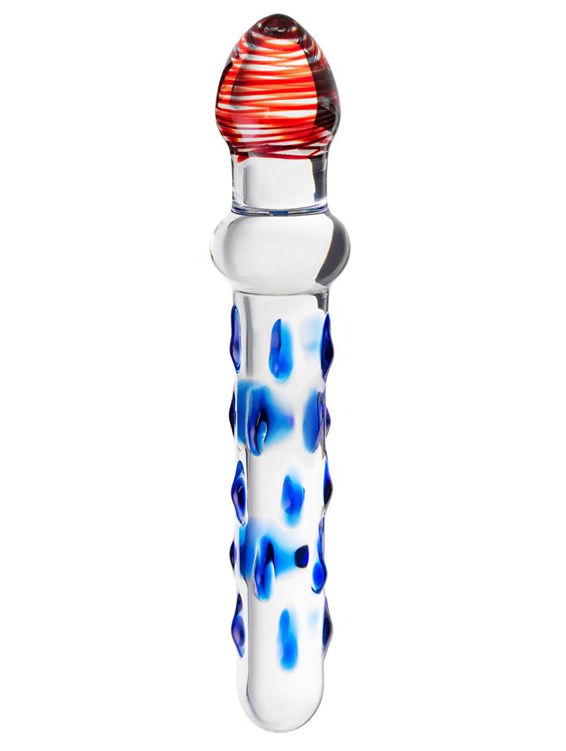 Стеклянный двусторонний фаллоимитатор с шишечками - 20 см. 1