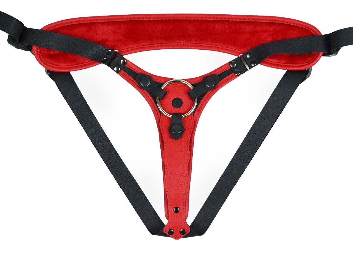 Красно-черный женский пояс с 2 способами крепления насадок и вагинальной пробкой 3
