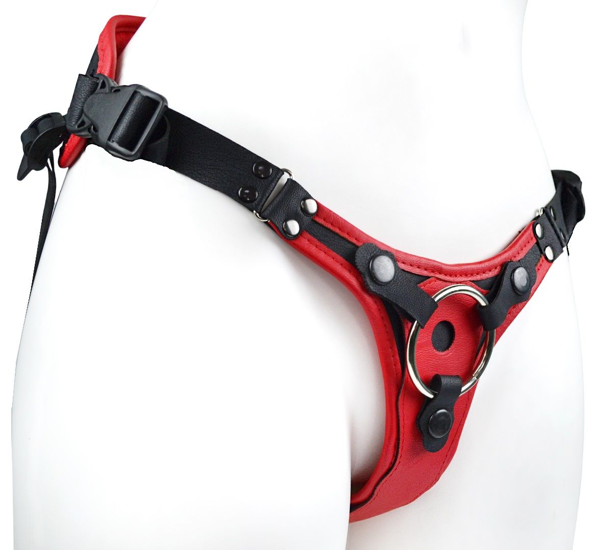 Красно-черный женский пояс с 2 способами крепления насадок и вагинальной пробкой 1