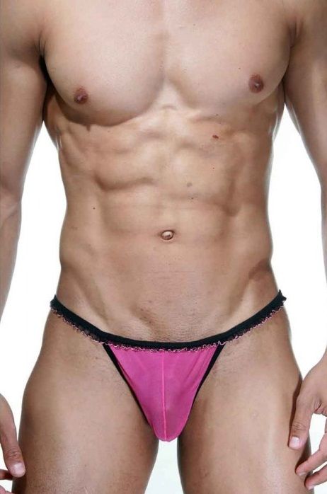 Розово-черные трусы-стринги с рюшей 1