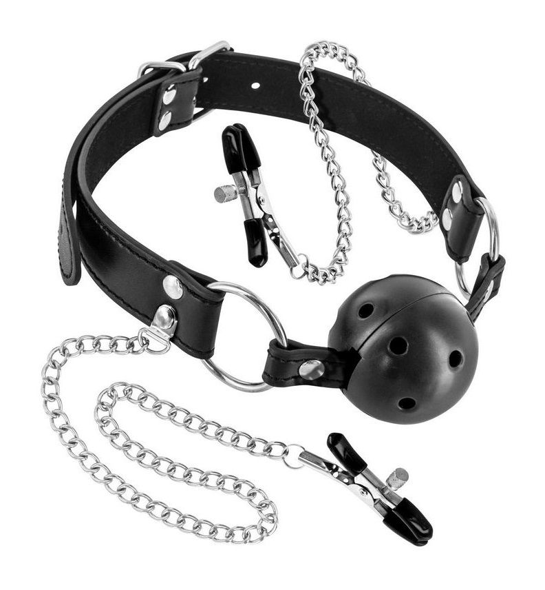 Жесткий шар-кляп с зажимами для сосков 1