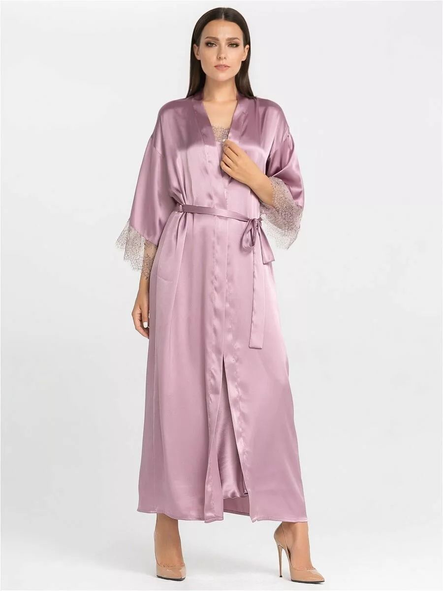 Длинный халат на поясе из искусственного шелка 4